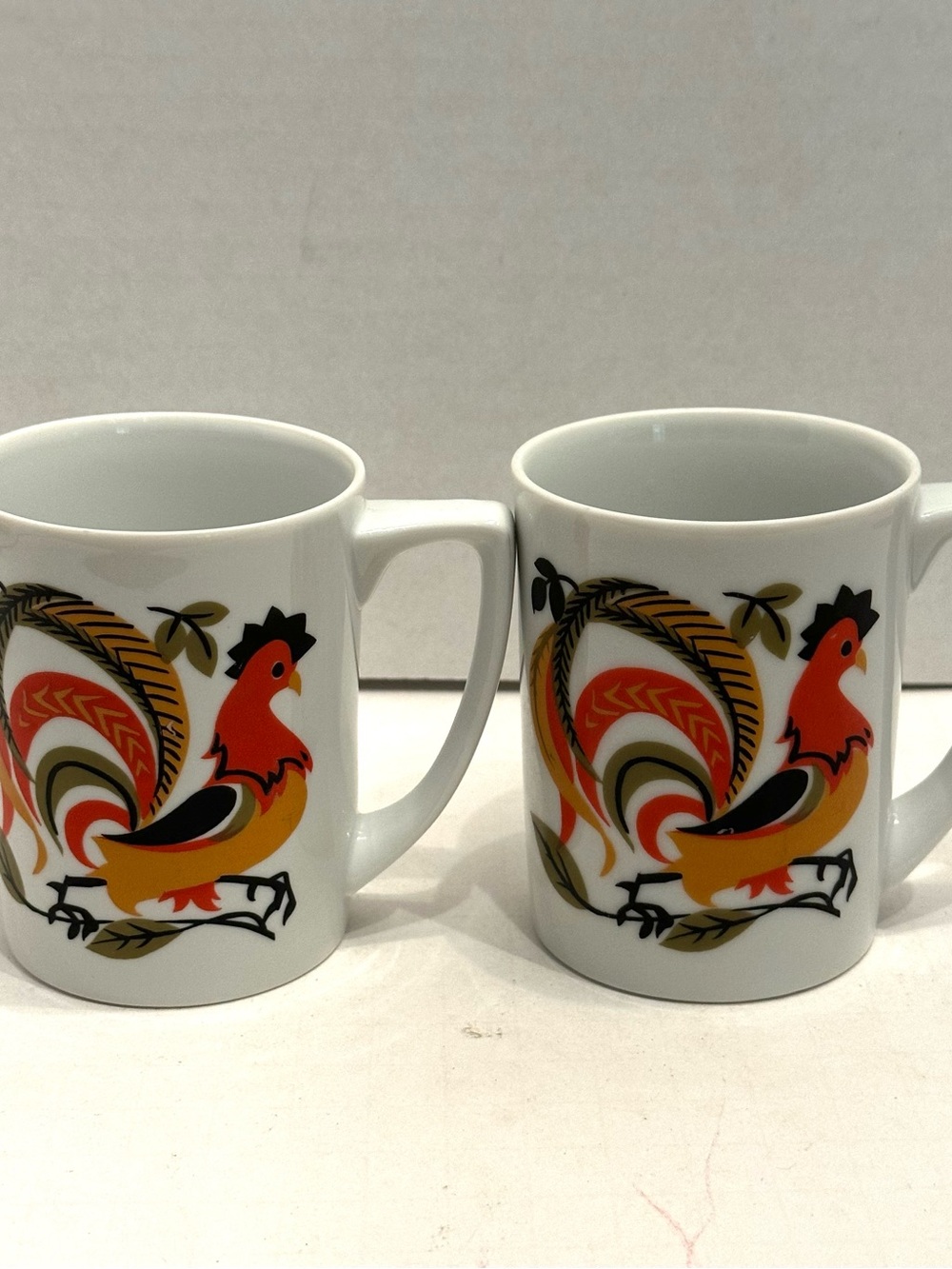 Rooster Pattern White Ceramic Mugs - Pair Made in Oregon USA
